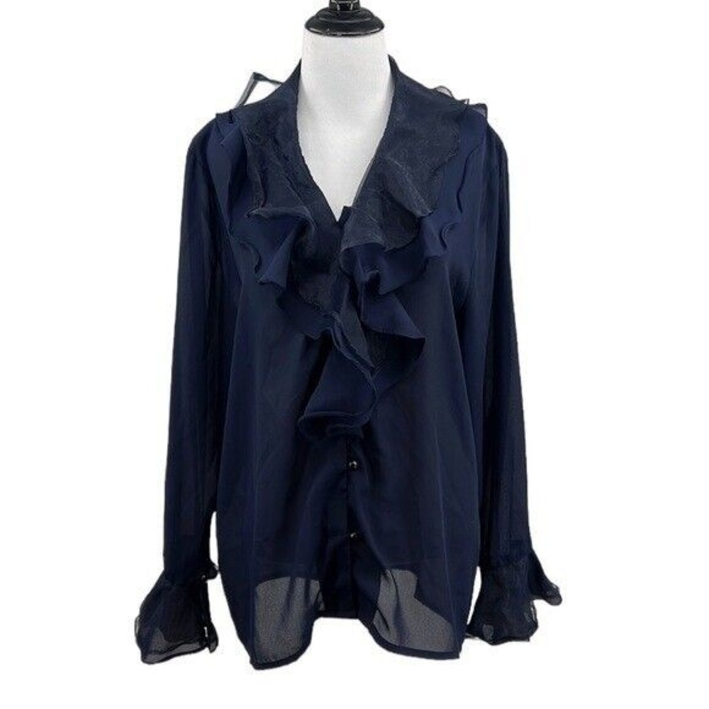 Vintage Diana‎ Marco Blouse Womens 16 Blue Ruffled Button Front Long Sleeve